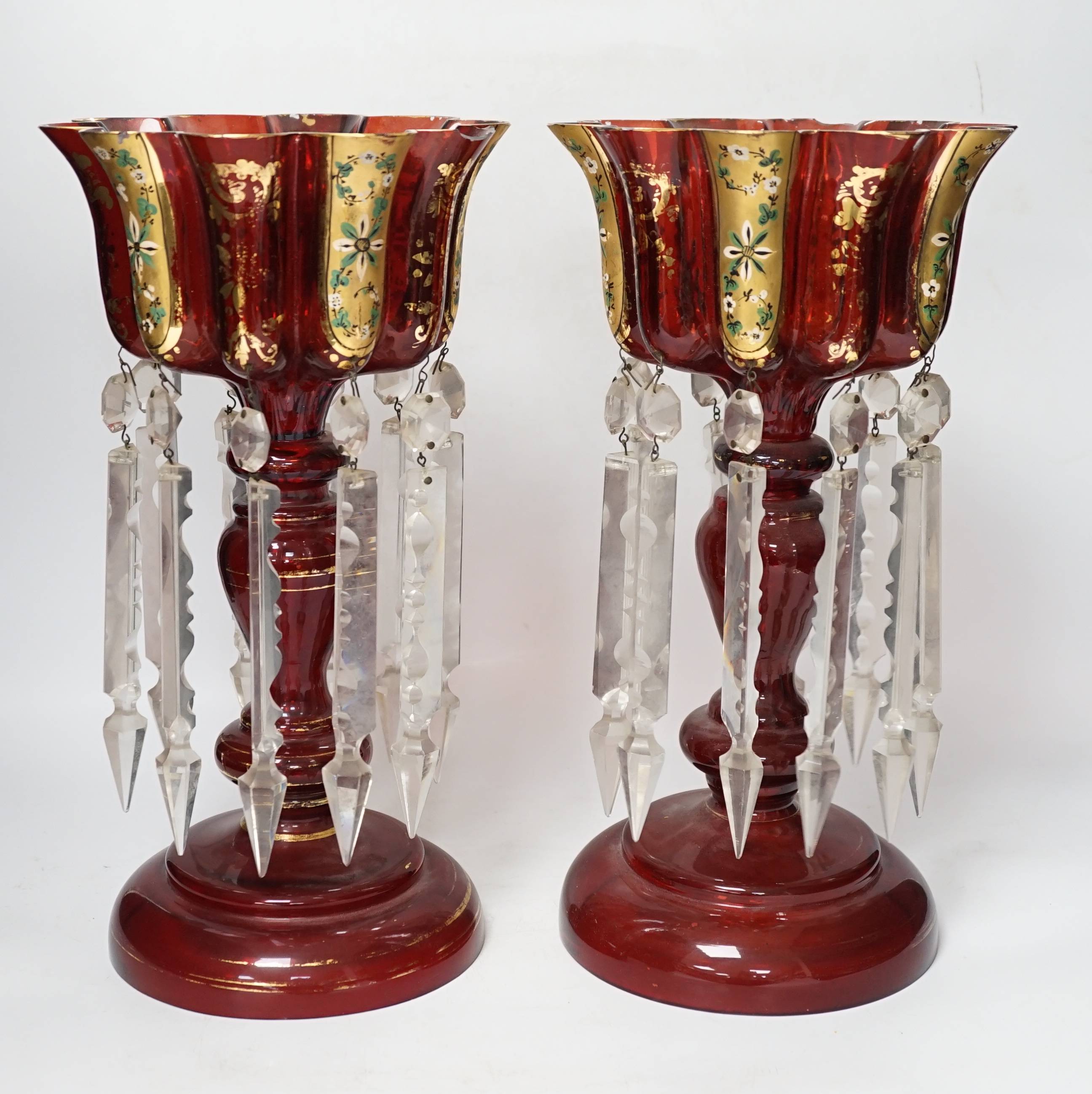 A pair of Continental overlaid ruby glass table lustres, 34.5cm